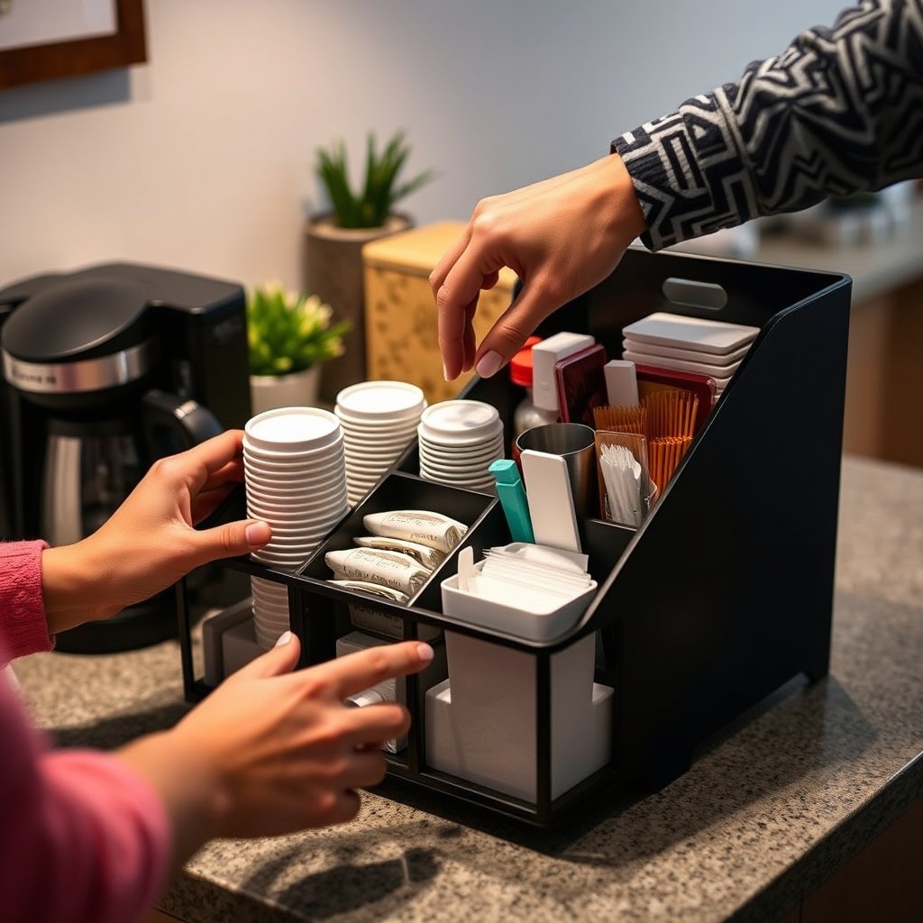 Condiment Station: 7 Ultimate Steps For Easy Coffee Bar Organization In 2026 2 Mind Reader Coffee Condiment and Accessories Organizer in action